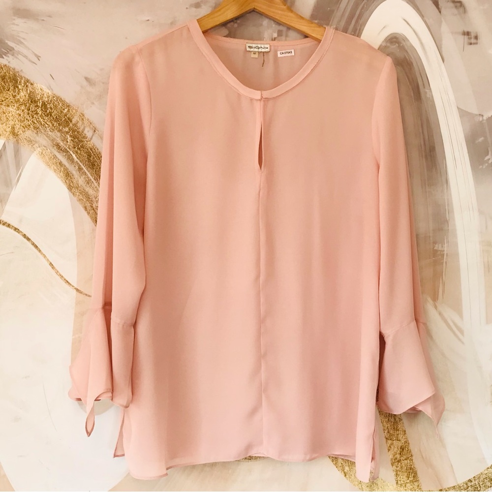 SIONI | Soft Pink Blouse w/ Ruffled Flute Sleeves V-Neck Size Medium